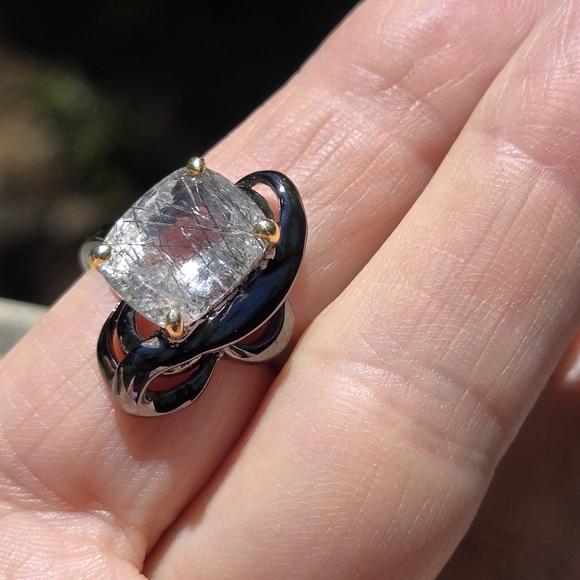 Rutilated Quartz 5k emerald cushion cut sterling rhodium & gold ring sz9 - Picture 3 of 9